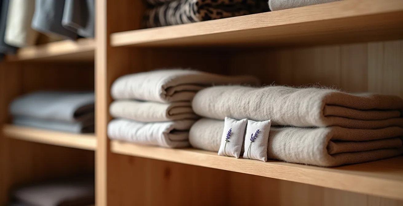 Interior de armario organizado con prendas de lana protegidas y saquitos de lavanda
