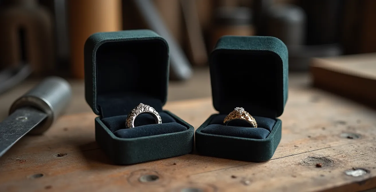 Comparación visual entre anillo personalizado artesanal y solitario de catálogo