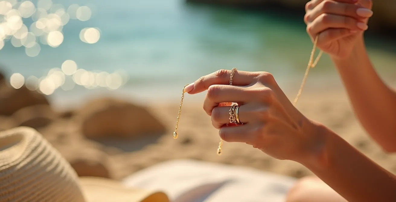 Mano con anillos en cadena de oro durante verano mediterráneo