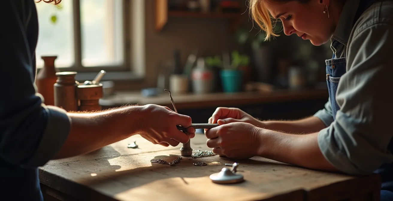 Un artesano joyero muestra de cerca una técnica de martillado a un cliente en un taller tradicional y cálido.