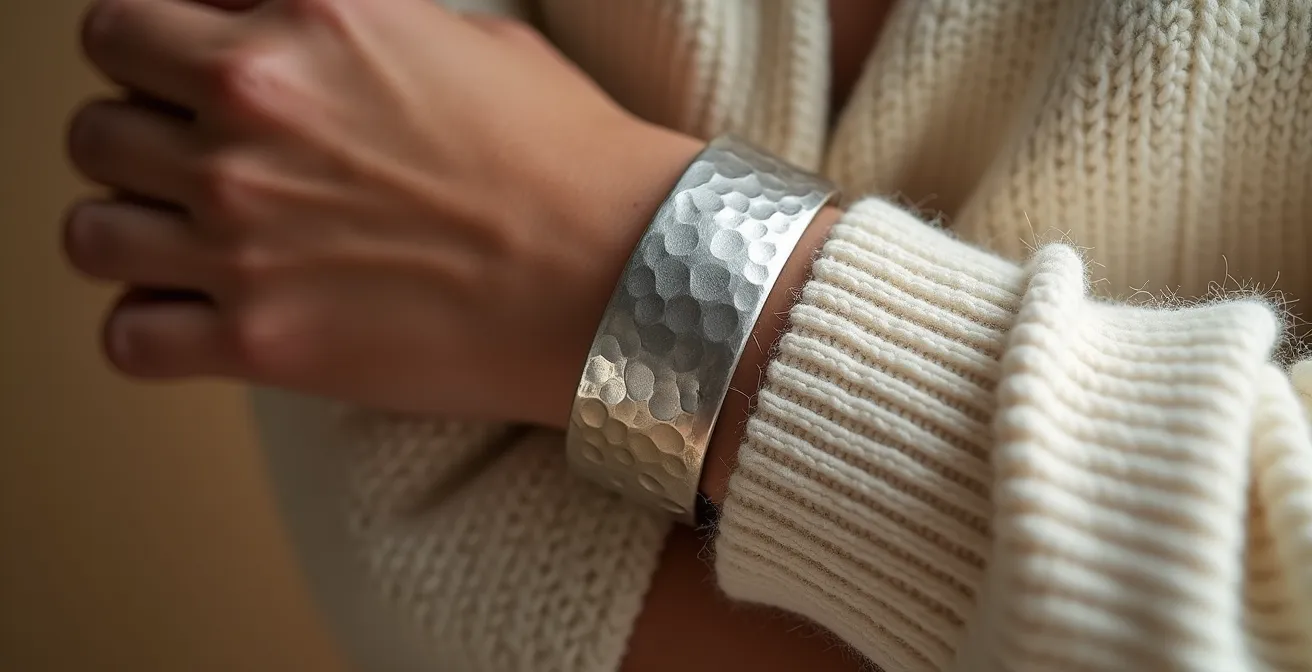 Brazalete rígido tipo cuff con holgura elegante sobre manga de camisa fina