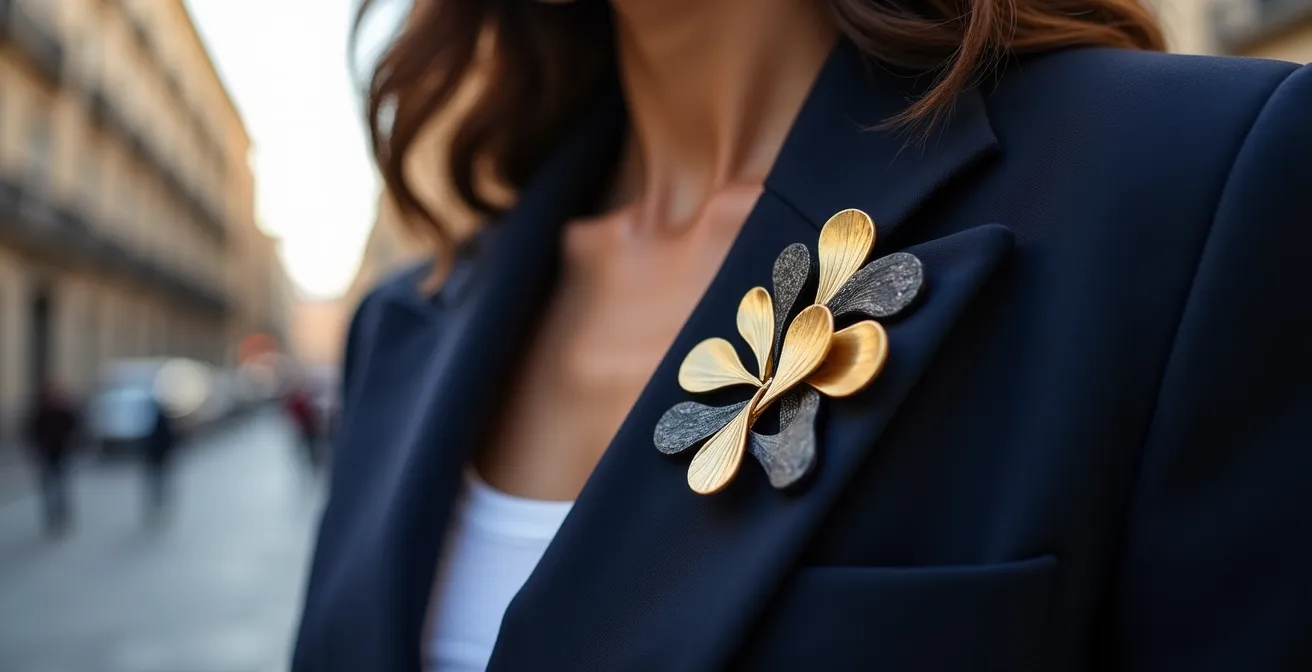 Broche artístico colocado estratégicamente en la solapa de una chaqueta dirigiendo la atención