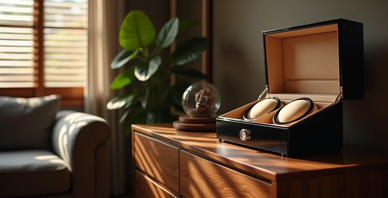 Caja giratoria para relojes automáticos en ambiente elegante con iluminación suave