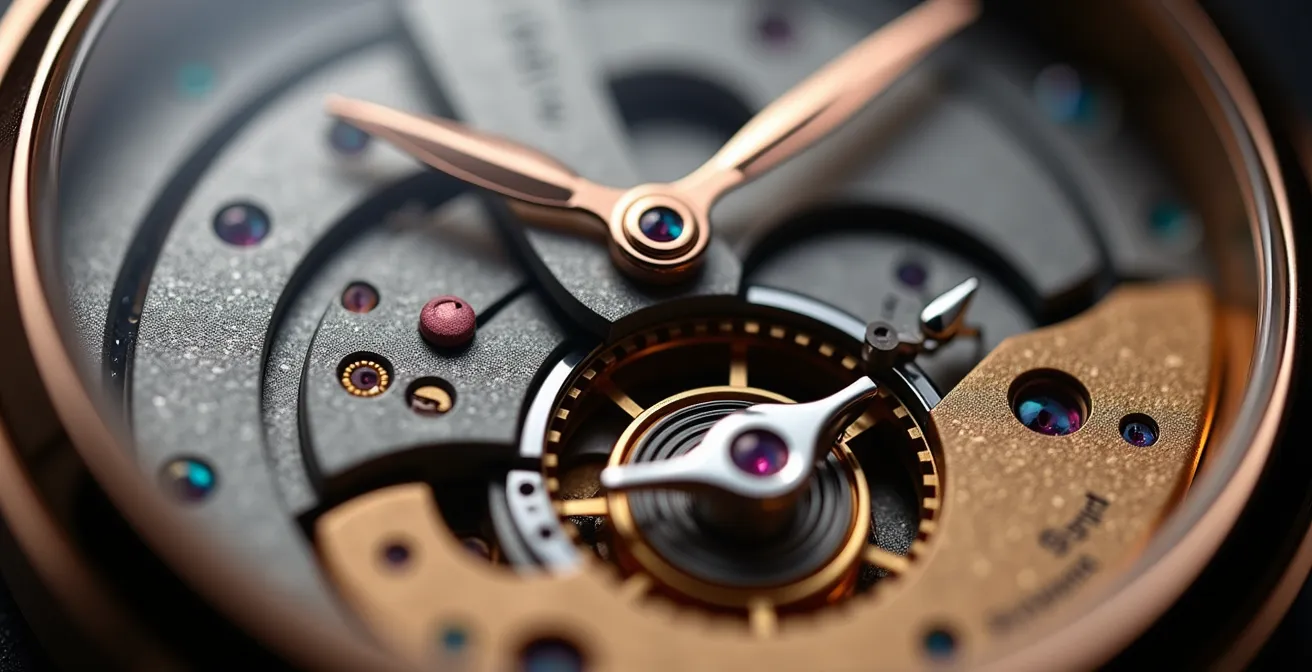 Detalle macro de calibre automático suizo a través de fondo de zafiro