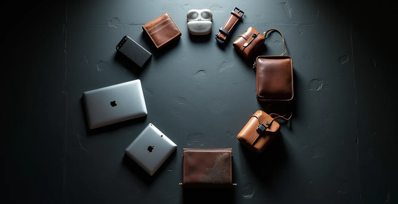 Visualización artística de campos magnéticos invisibles alrededor de dispositivos electrónicos cotidianos