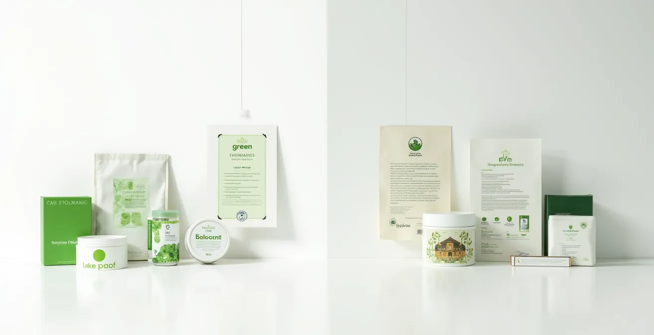 Contraste visual entre certificación auténtica RJC y etiquetado genérico de marketing verde