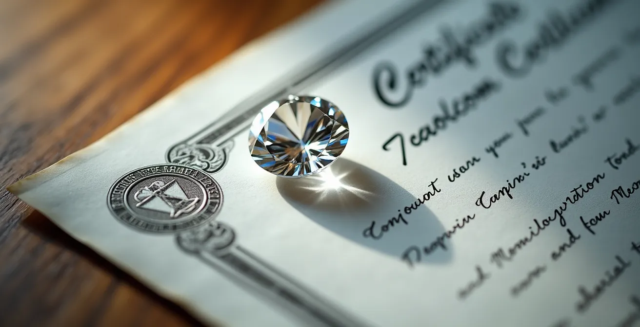 Certificado gemológico bajo lupa de joyero mostrando detalles técnicos