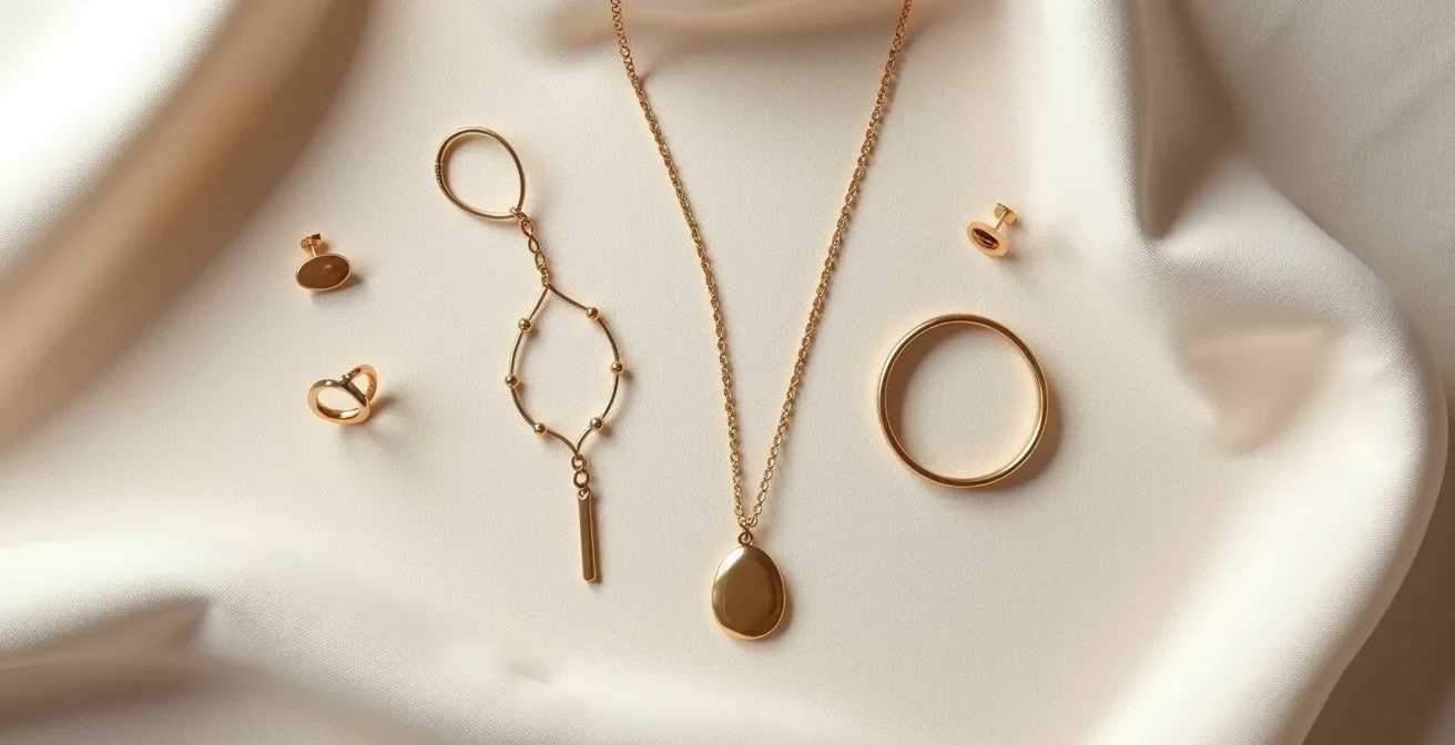 Composición aérea de cinco joyas minimalistas esenciales sobre lino natural