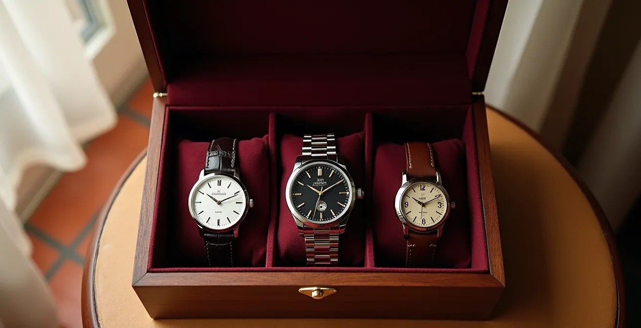 Vista cenital de caja de relojes abierta mostrando tres compartimentos con relojes diversos sobre terciopelo oscuro