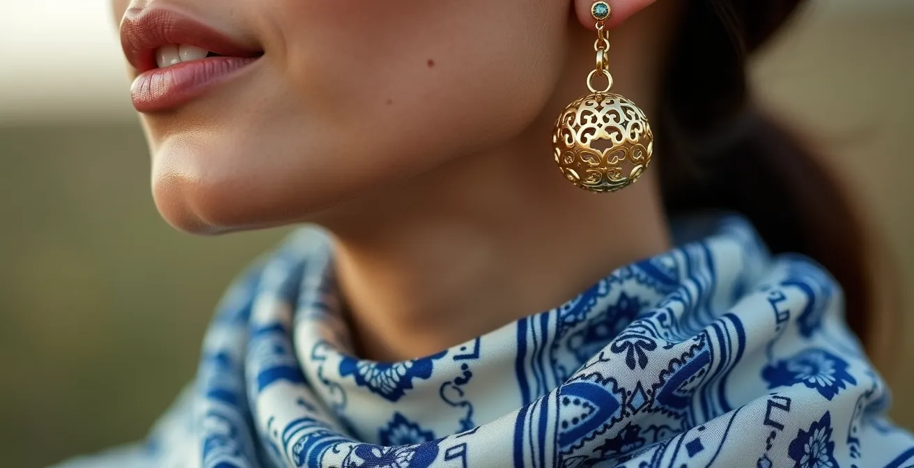 Detalle de mujer con pañuelo estampado y pendientes equilibrados