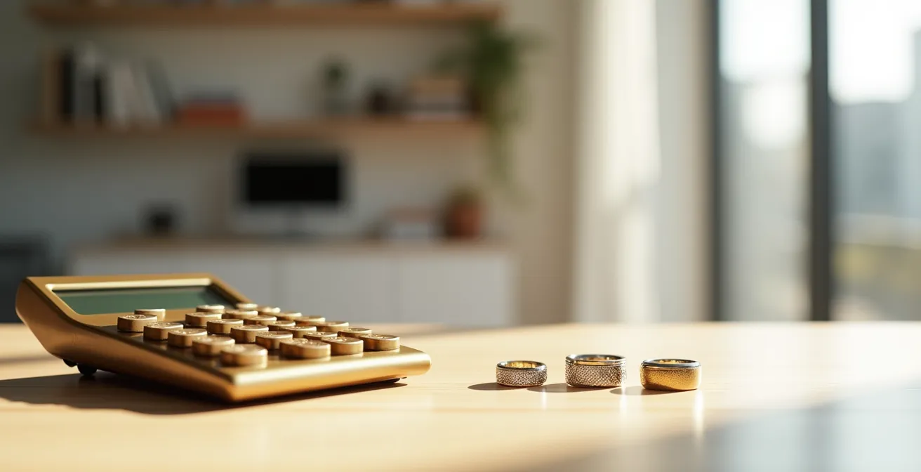 Composición minimalista con calculadora vintage y anillos de oro blanco sobre mesa de madera clara