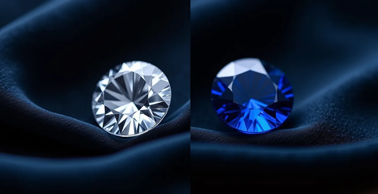 Detalle macro de un diamante y un zafiro azul sobre superficie de terciopelo negro