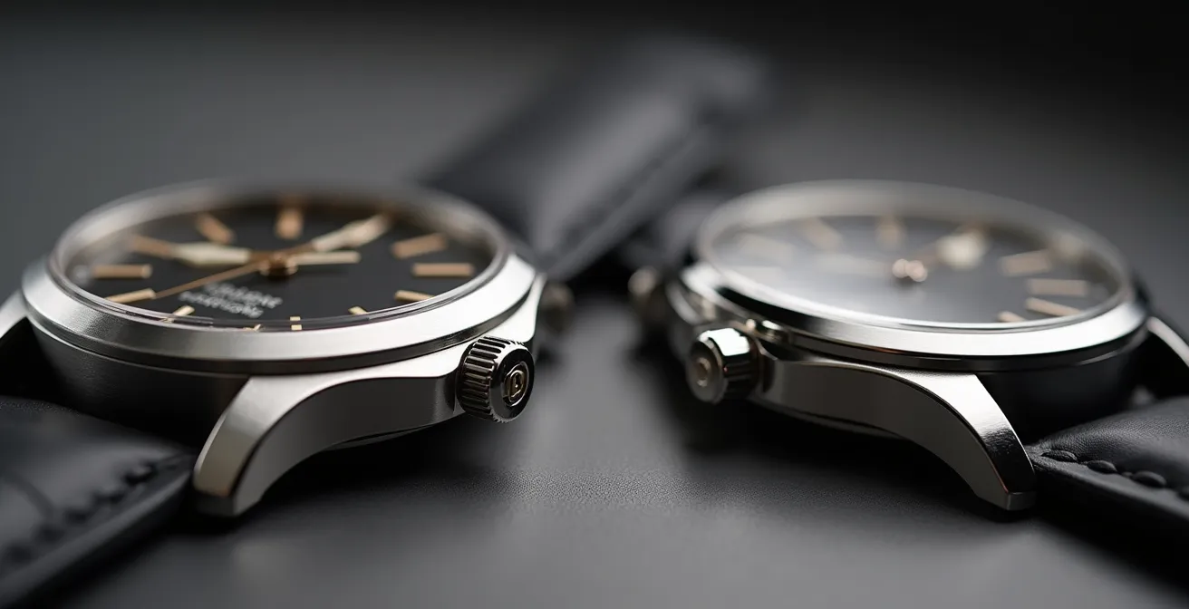 Dos relojes suizos sobre superficie de madera mostrando diferencias de diseño y acabado