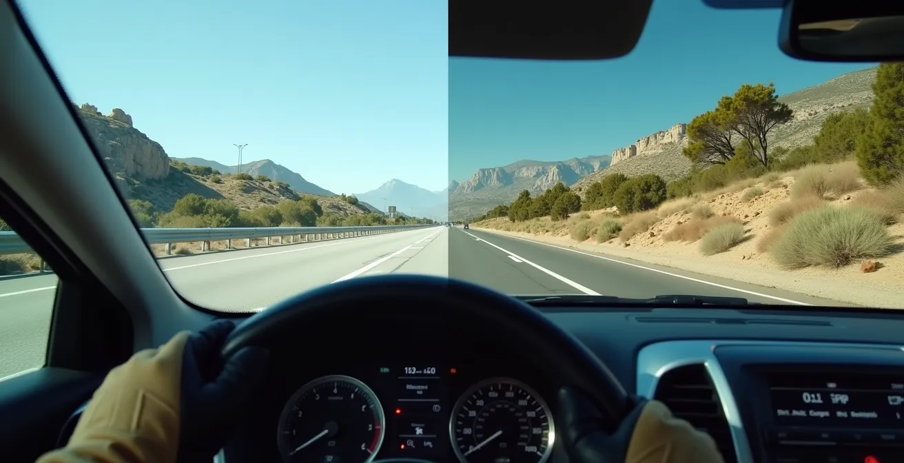 Vista desde el volante comparando visión con diferentes categorías de filtro solar