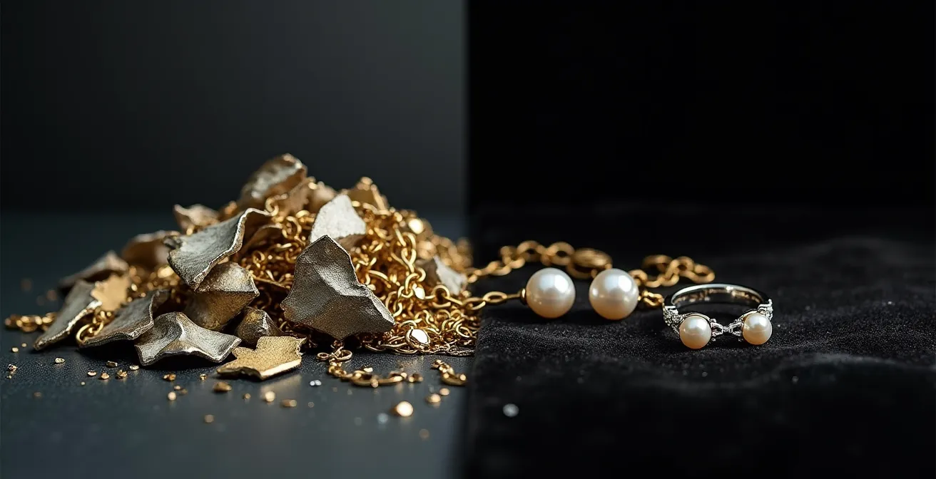 Comparación visual entre bisutería desgastada y joyería de calidad intacta