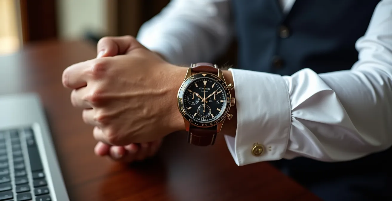 Cronógrafo deportivo con correa de piel junto a puño de camisa de vestir