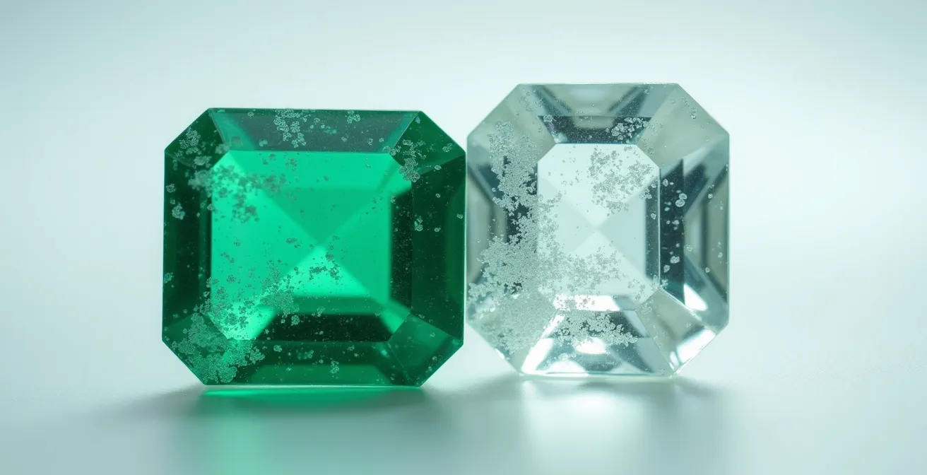 Comparación visual entre gema natural con inclusiones y sintética perfecta