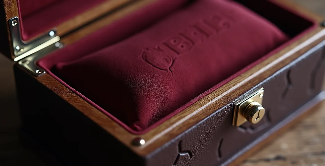 Detalle macro de documentos de autenticidad de reloj de lujo con caja original y certificados