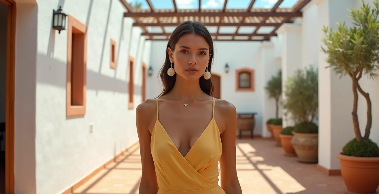 Invitada con vestido de escote asimétrico y pendientes como único accesorio