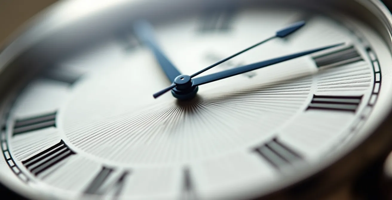 Detalle macro de esfera de reloj Bauhaus con índices minimalistas y agujas azuladas sobre fondo arquitectónico difuminado