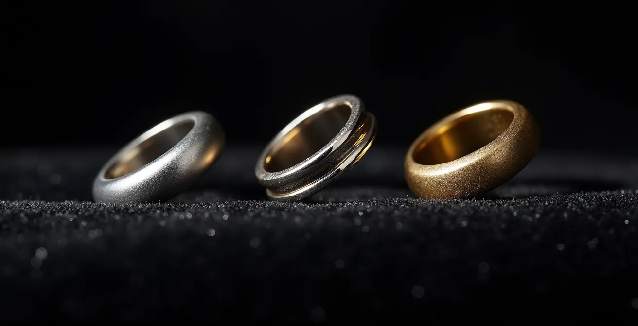 Tres anillos de oro blanco mostrando diferentes etapas de desgaste del baño de rodio