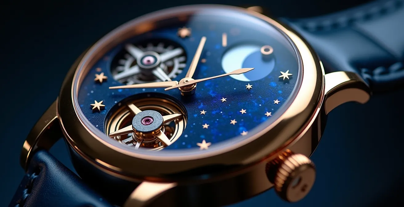 Detalle de complicación de fase lunar en reloj esqueleto con disco de lapislázuli