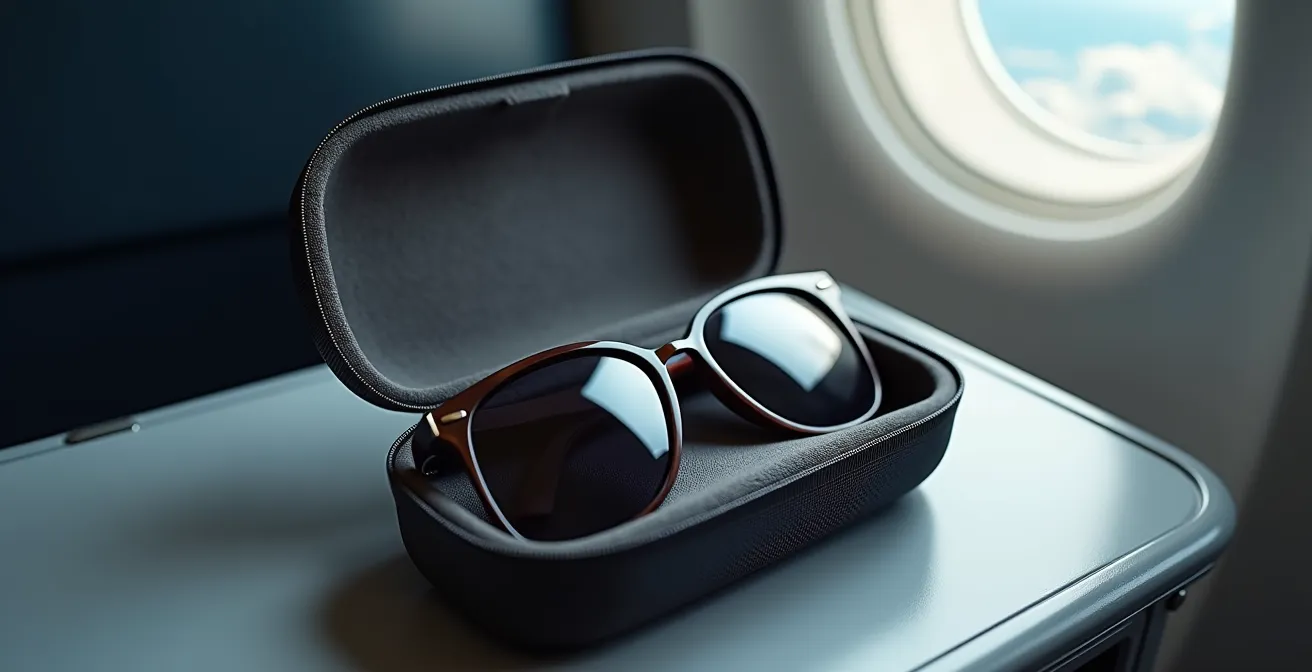 Estuche rígido abierto con gafas de sol protegidas en interior acolchado