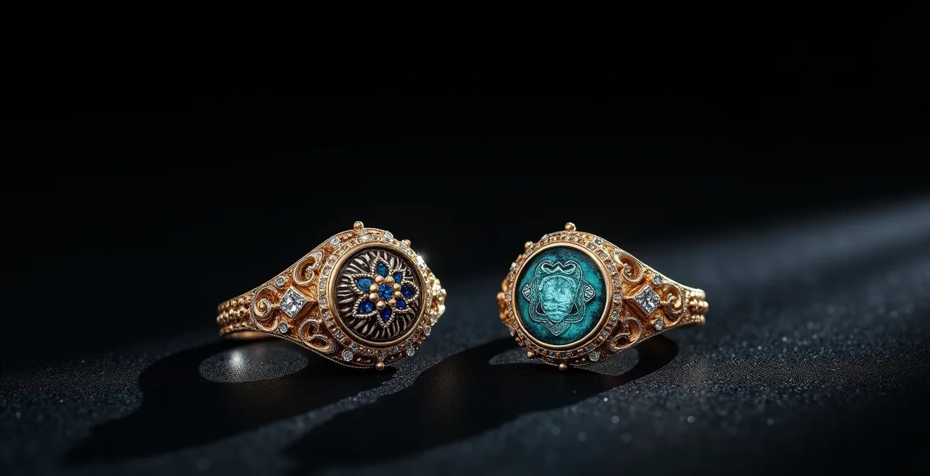 Detalle de pieza única combinando filigrana cordobesa con damasquinado toledano