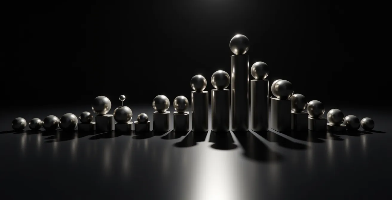 Visualización abstracta de fluctuaciones de mercado con elementos metálicos y reflejos