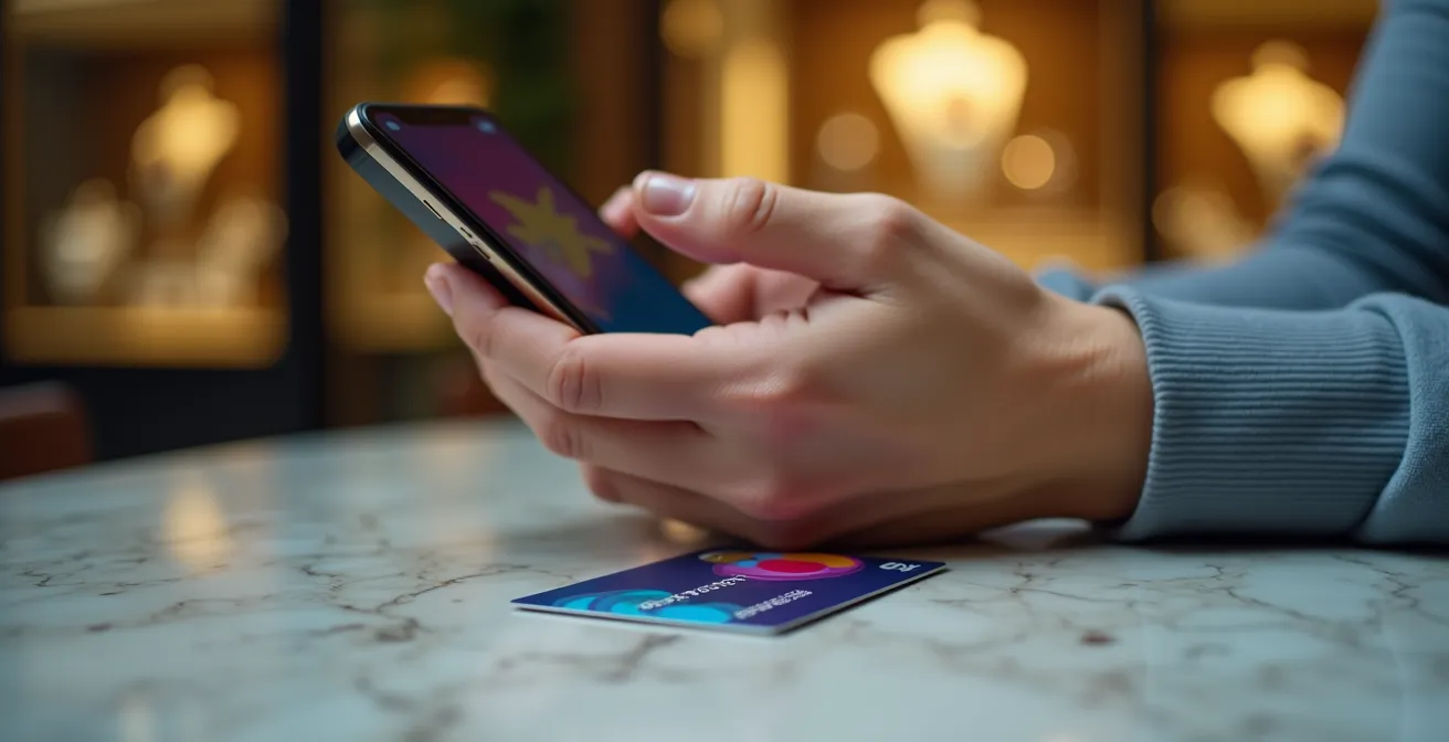 Manos sosteniendo un smartphone mostrando una hucha digital para ahorrar para joyas