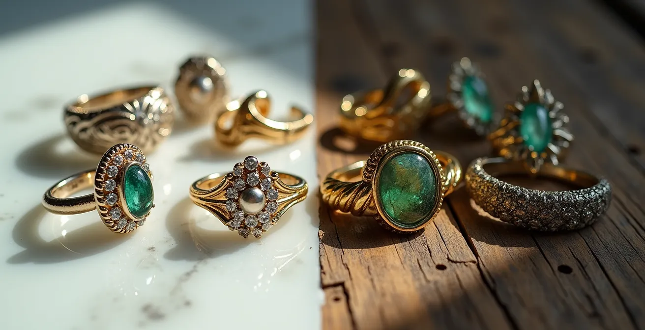 Comparación visual de joyas de calidad versus joyas de metales baratos