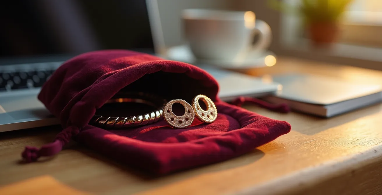 Mesa de oficina elegante con pequeña bolsa de terciopelo abierta mostrando joyas doradas y plateadas