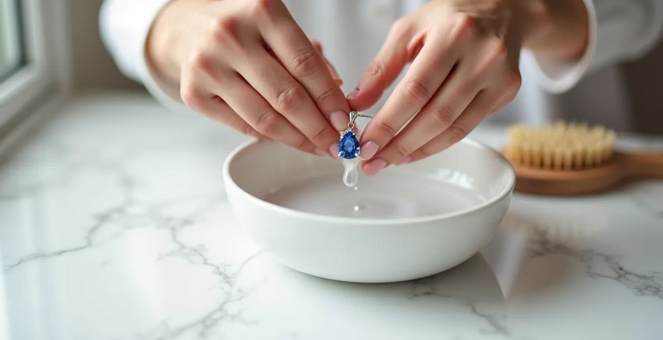 Manos limpiando delicadamente un colgante de gema con cepillo suave