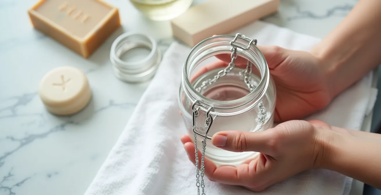 Detalle macro de manos limpiando delicadamente una cadena de plata fina