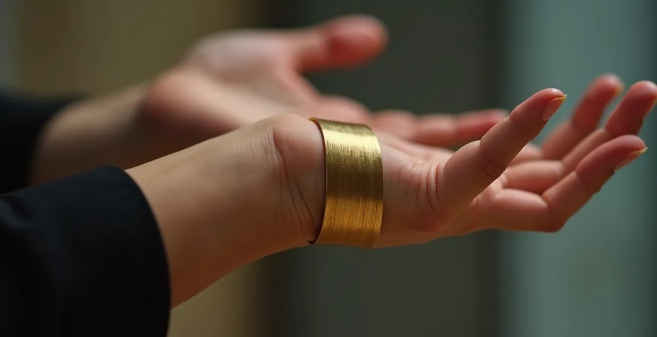 Manos expresivas en conversación con brazalete rígido elegante sin ruido