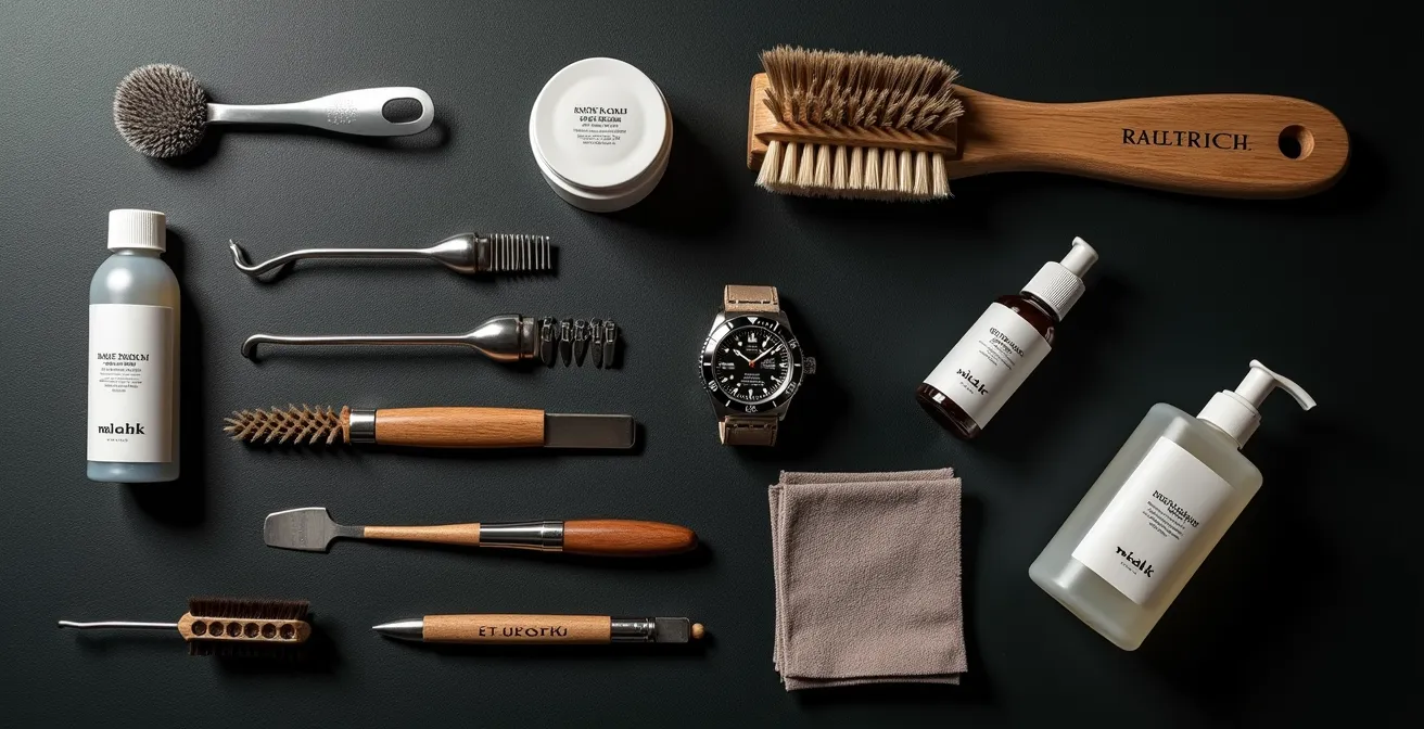 Herramientas profesionales de limpieza para relojes de oro sobre superficie de trabajo