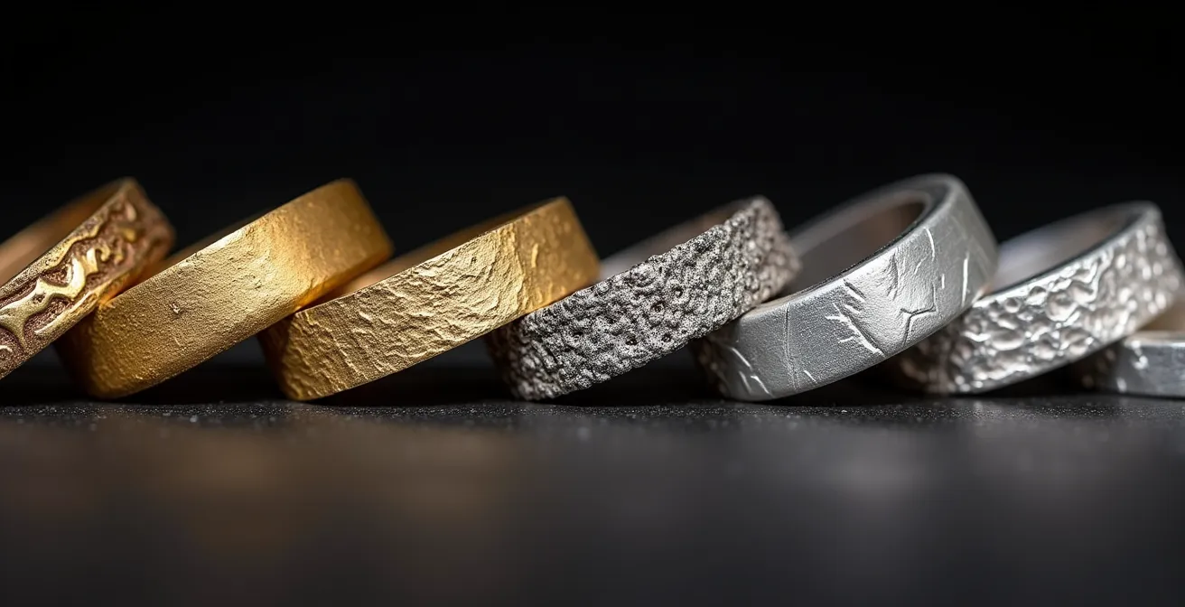 Detalle macro de diferentes materiales de joyería mostrando calidad y textura