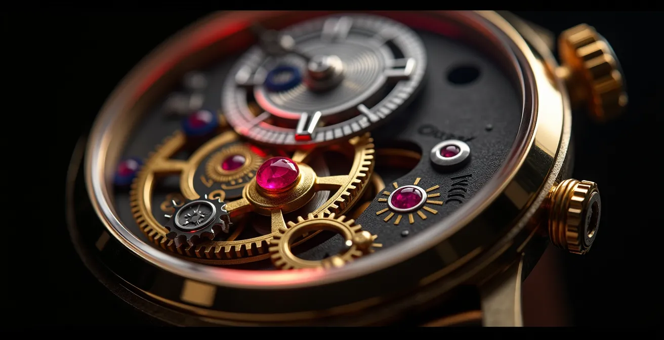 Vista técnica del mecanismo de cambio de fecha mostrando el trinquete y ruedas dentadas