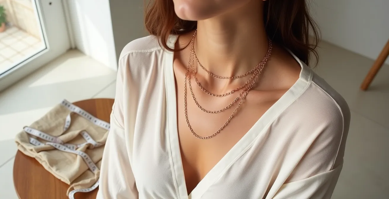 Comparación visual de diferentes largos de collar sobre silueta femenina minimalista