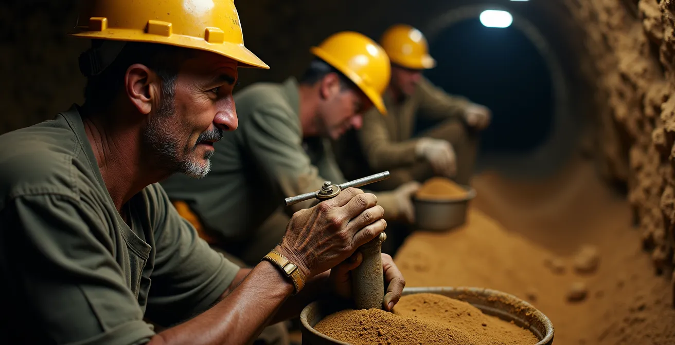 Mineros artesanales trabajando con equipos seguros en mina certificada