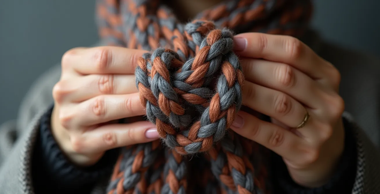 Detalle del nudo parisino en una bufanda de lana con textura visible