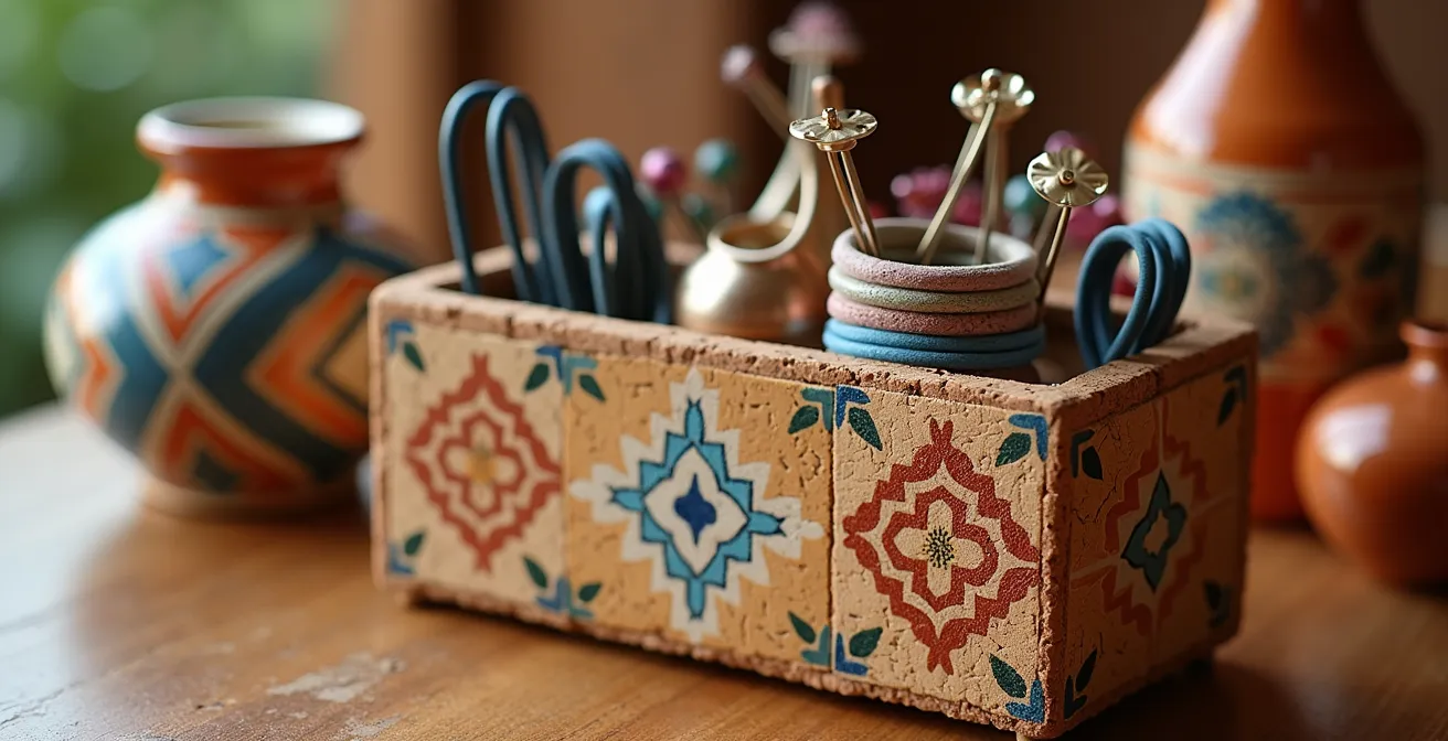 Organizador casero para accesorios de pelo con diseño inspirado en azulejos españoles
