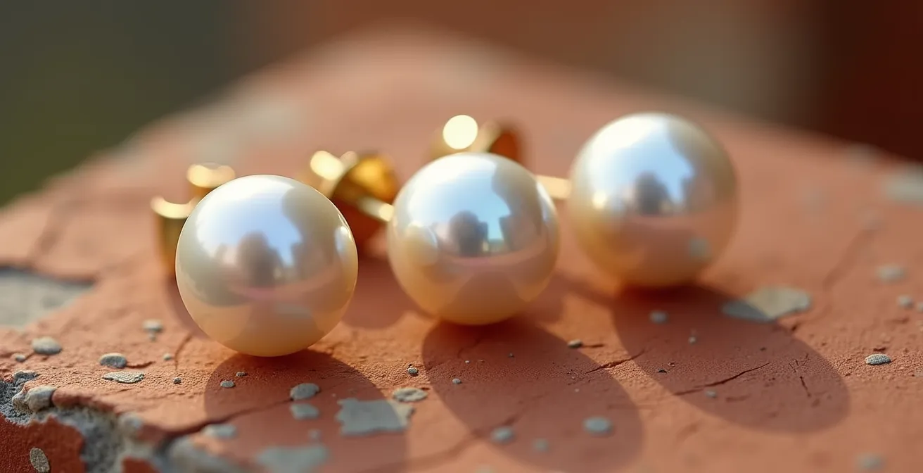 Pendientes de perlas bajo luz mediterránea mostrando diferentes tonalidades