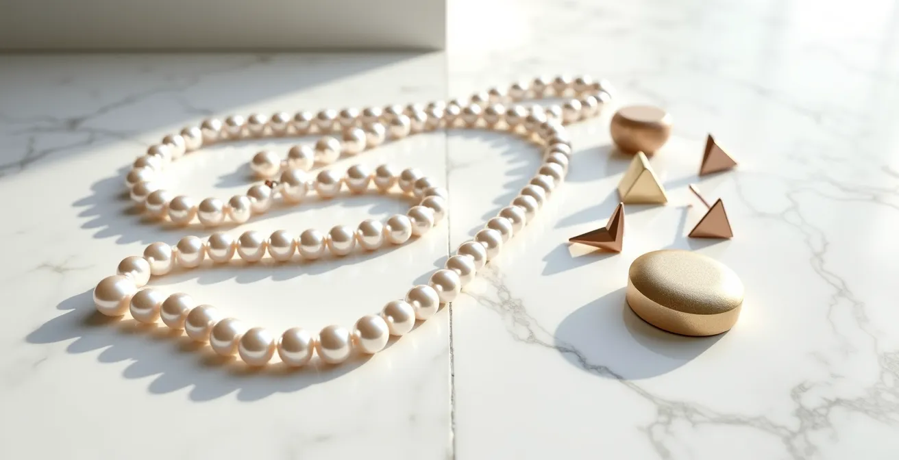 Comparación visual entre collar de perlas clásico y joyería geométrica moderna