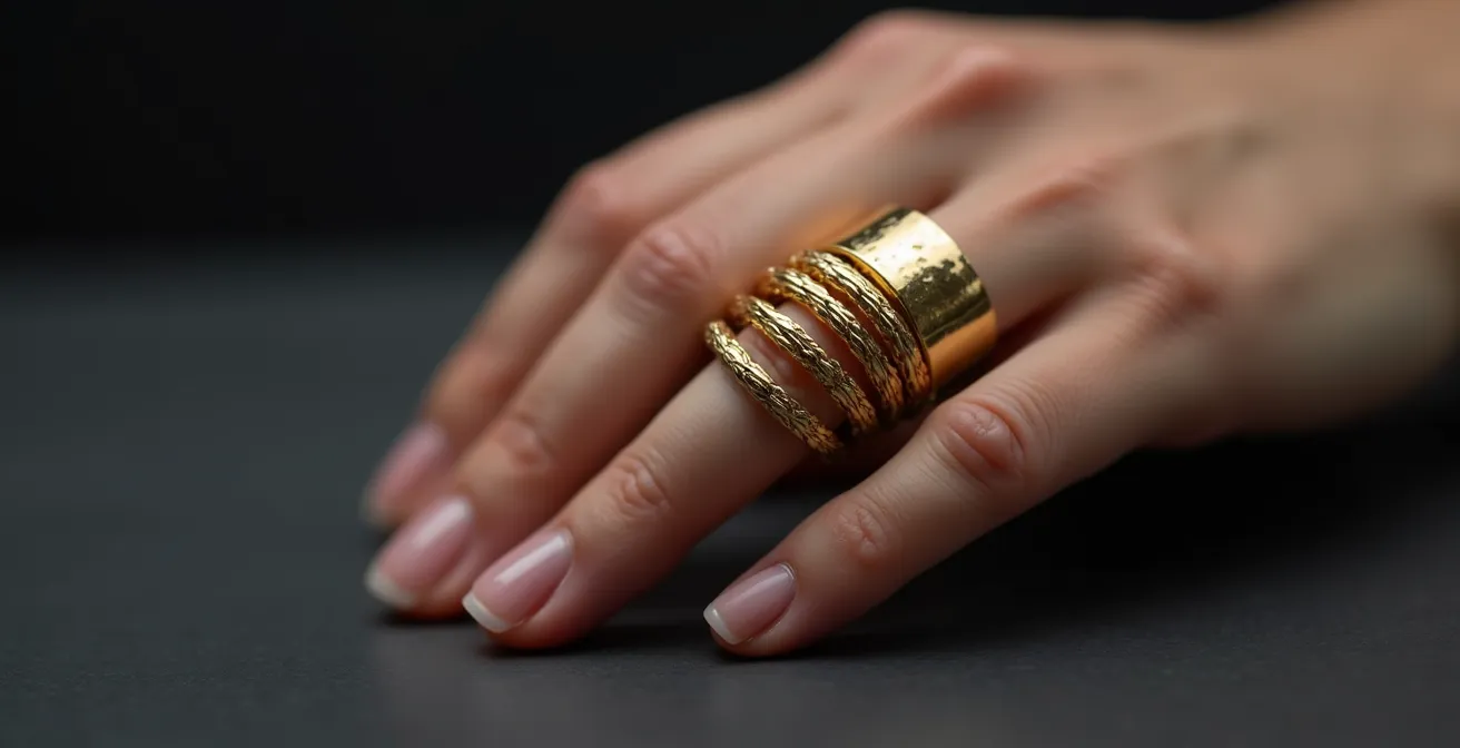 Técnica de pirámide invertida con anillos en dedos para efecto estilizador