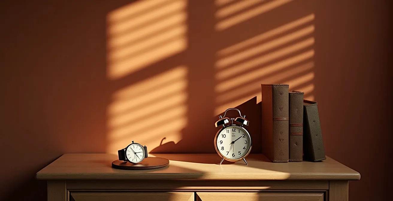 Diferentes posiciones de un reloj mecánico sobre una mesilla de noche para compensar desviaciones