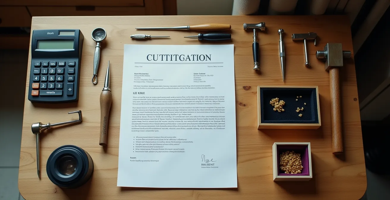 Presupuesto detallado sobre mesa de trabajo de joyero con herramientas