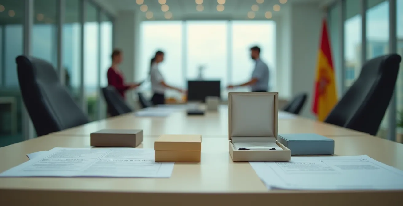 Ilustración del proceso de importación de joyas con elementos aduaneros y documentación