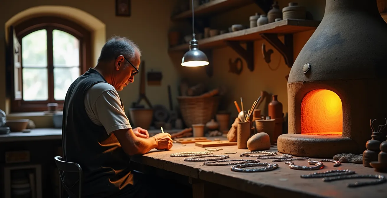 Vista del proceso de esmaltado al fuego mostrando el horno artesanal y las herramientas tradicionales