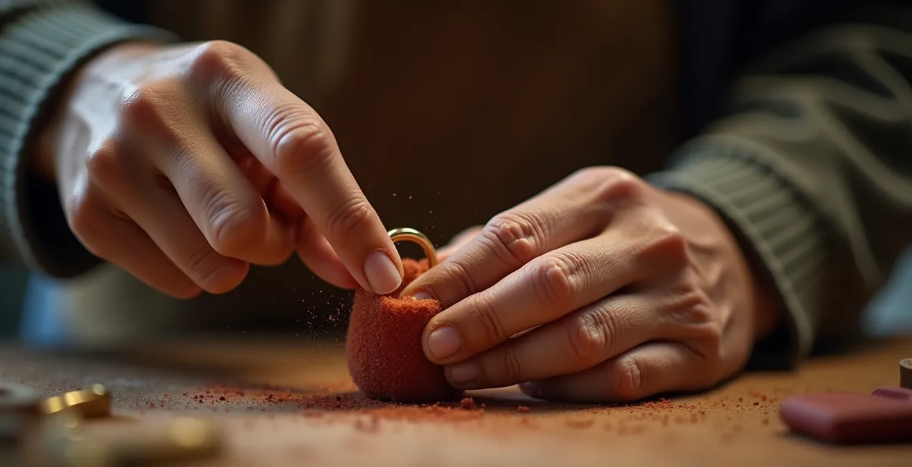 Manos de artesano puliendo un anillo de oro con herramientas tradicionales